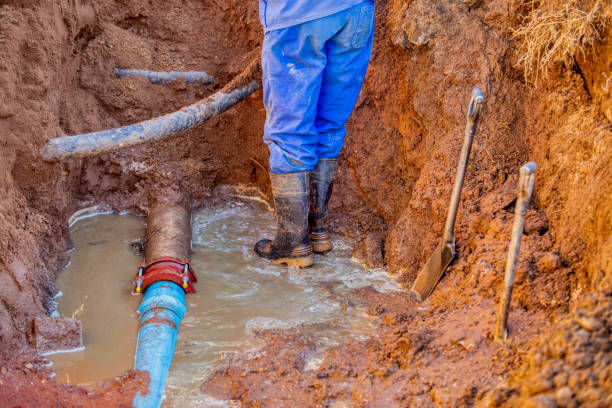 construction worker doing some trench digging, metal pipe repairing , water in the trench hole